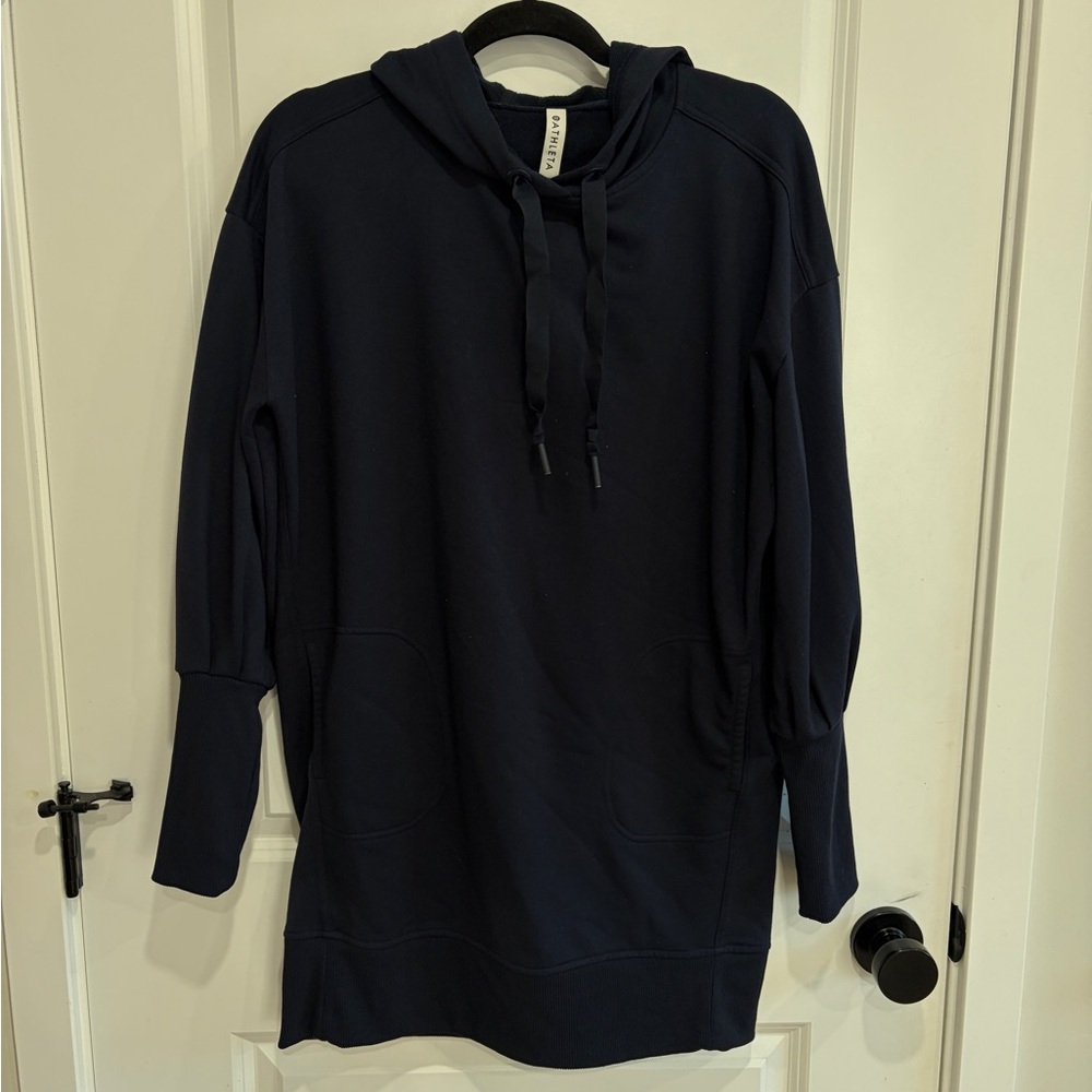 Athleta M Blue Terry Sweater Dress Hooded Pockets Long Sleeve Pullover